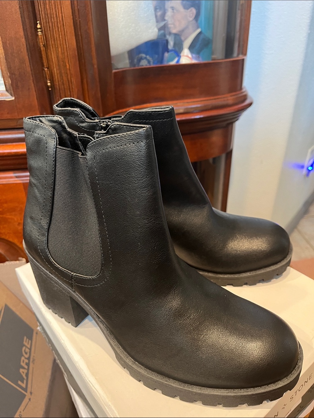 Sun + Stone Black Chelsea Ankle Booties with Block Heel